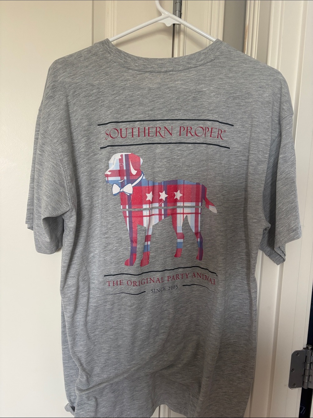 Southern Proper Gray Tee with Red, White & Blue Plaid Dog
